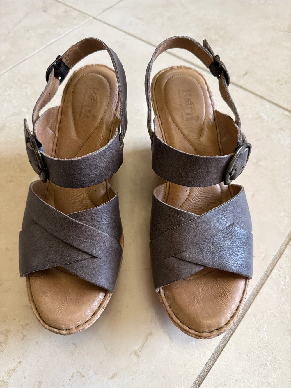 Born Dark Brown Leather Crisscross Ankle Strap Sandals